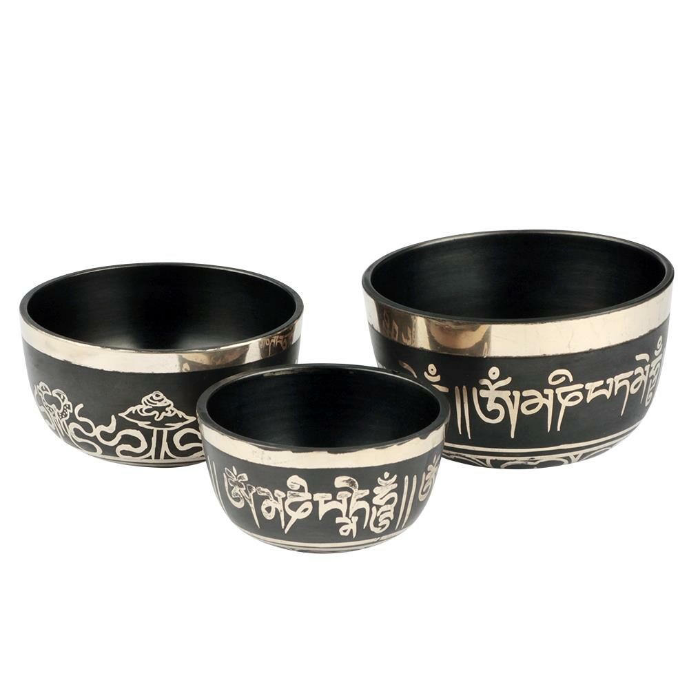 Japán hangtálak - ZEN Hangtál Szett - 3 Hangtál - Tibeti mótívumokkal  A készlet három különböző méretű kis zen hangtálat tartalmaz. Mindegyik han