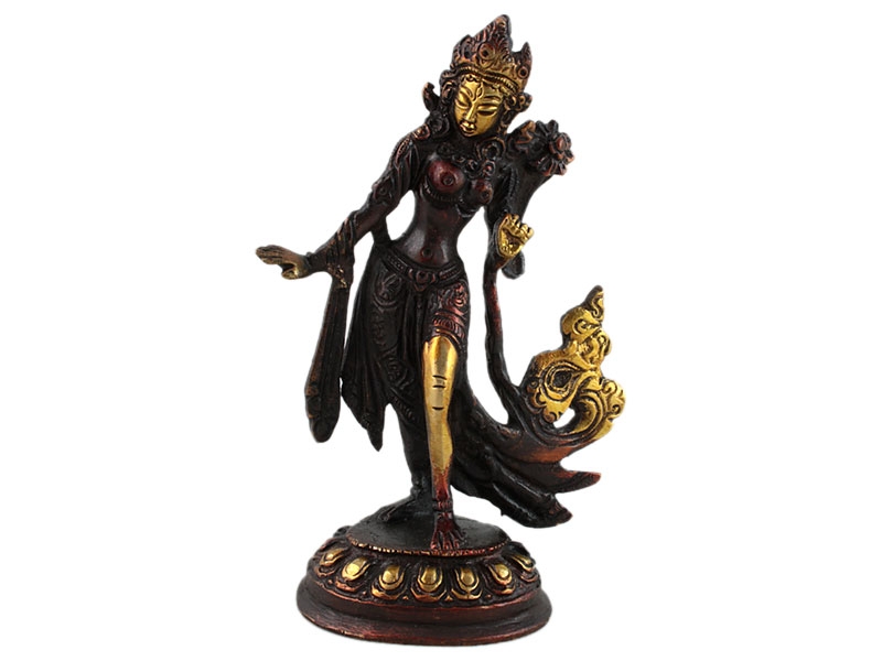 Zöld Tara szobor Tribhanga pózban - Sárgaréz - 12,5 cm  