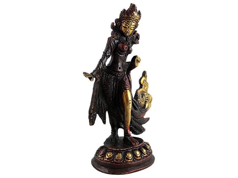 Tara szobrok - Zöld Tara szobor Tribhanga pózban - Sárgaréz - 12,5 cm   