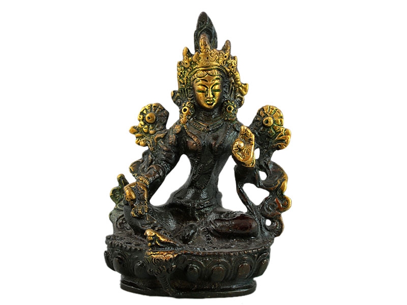 Zöld Tara szobor ülő - Arany, patina - Sárgaréz - 9 cm  