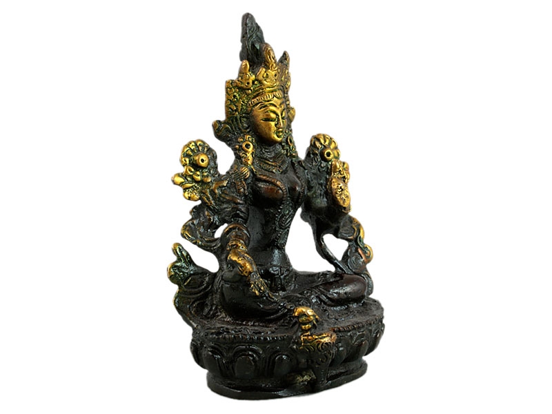 Tara szobrok - Zöld Tara szobor ülő - Arany, patina - Sárgaréz - 9 cm   
