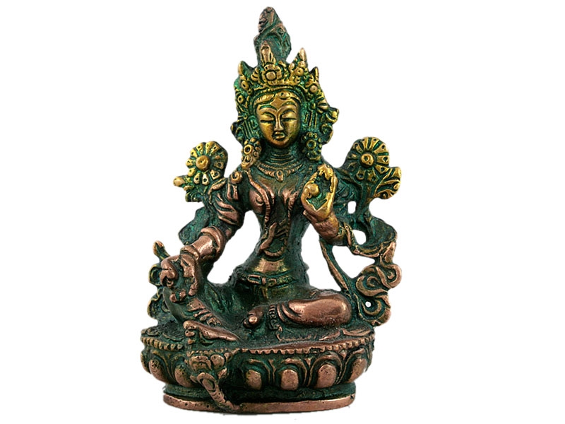 Zöld Tara szobor ülő - Zöld, patina - Sárgaréz - 9 cm  