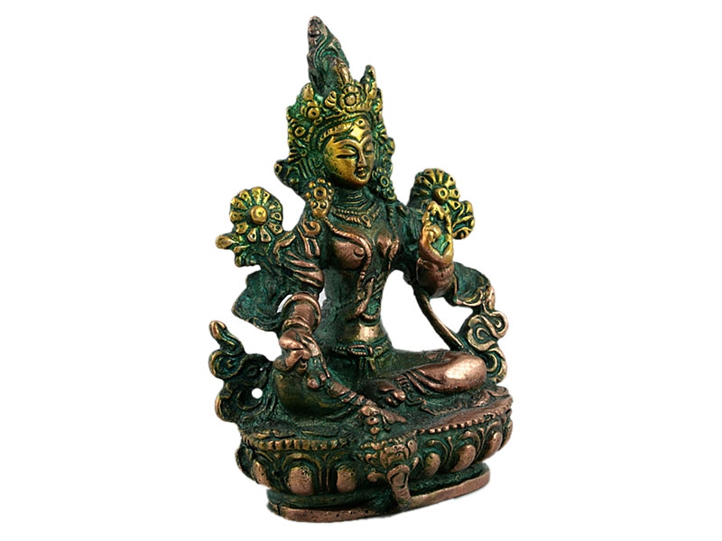 Tara szobrok - Zöld Tara szobor ülő - Zöld, patina - Sárgaréz - 9 cm   