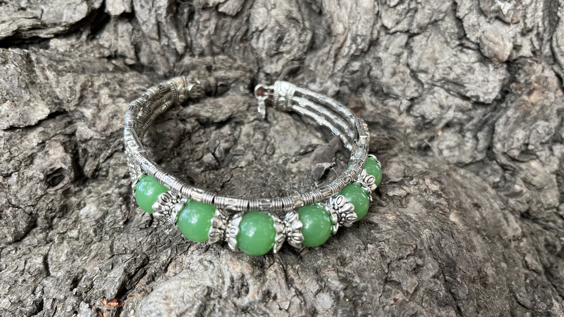 Karkötő - Tibeti ezüst - zöld jade karkötő    