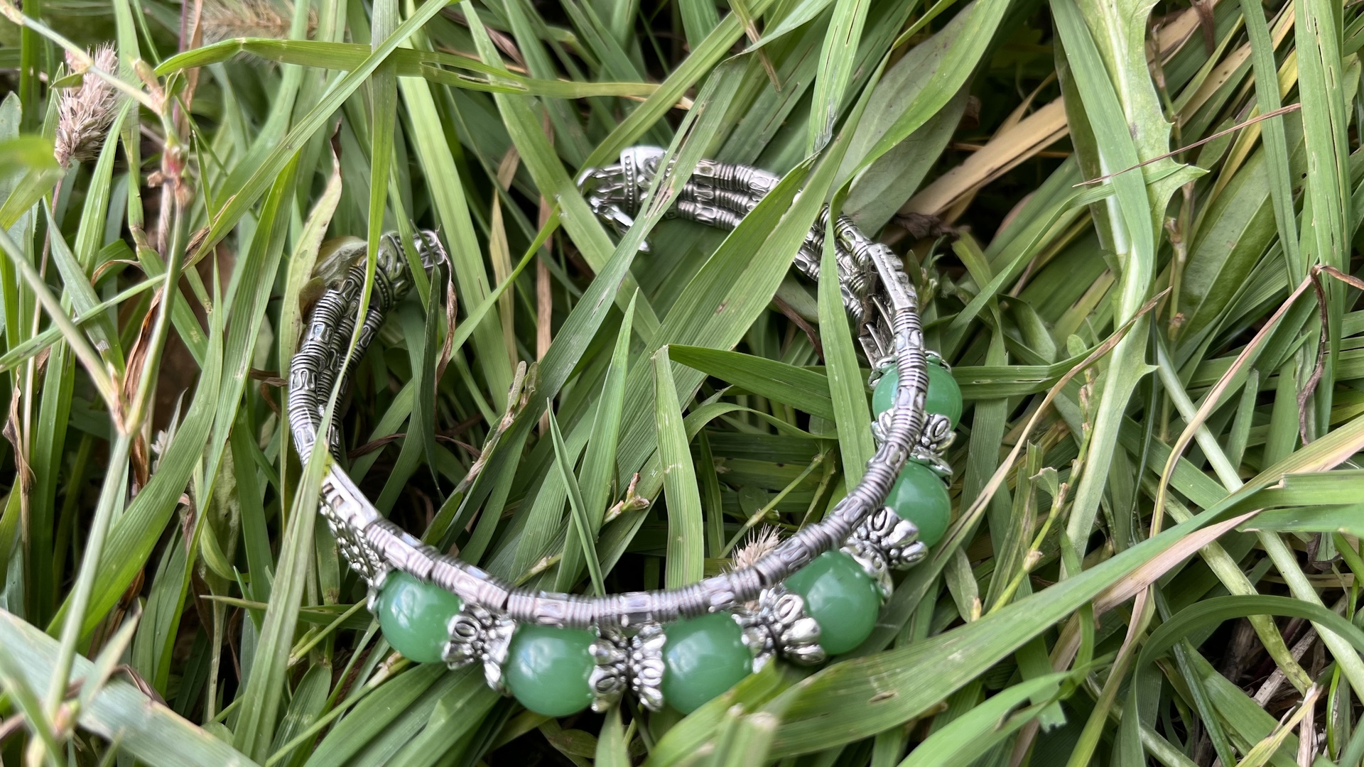 Karkötő - Tibeti ezüst - zöld jade karkötő    