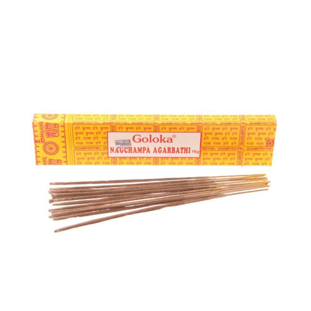 Goloka Nag Champa masala füstölő  Goloka Nag Champa masala füstölő, 16 g. A klasszikus indiai templomi illat: