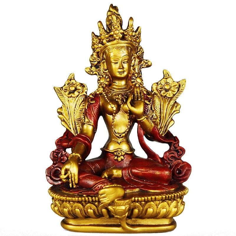 Tara szobrok - Zöld Tara szobor - Arany, Vörös - 14 cm   